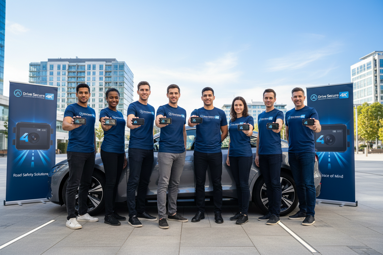 Peux-tu me générer une image de gens, genre des personnes, qui ont des t-shirts bien personnalisés comme le logo que tu m'avais créé, Drive Secure 4K, et genre, peut-être qu'ils sont à côté d'une voiture et ils tiennent dashcam comme je t'ai envoyé, genre vraiment une version très réaliste à mettre dans le site, pour la mettre à côté, à propos de nous. Drive Secure s'engage à fournir des solutions de sécurité routière avancée alliant technologie et fiabilité. Notre mission est d'assurer votre tranquilli